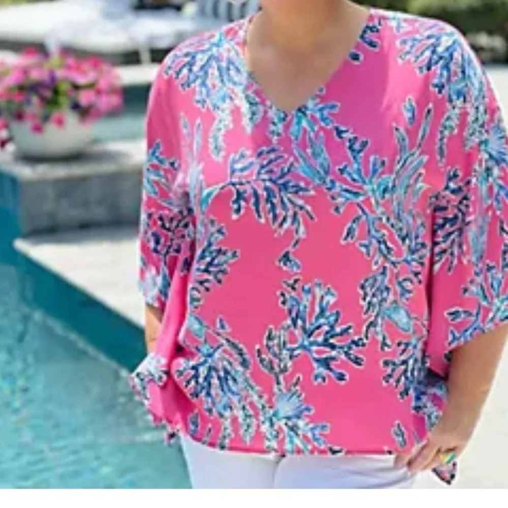 Belle by Kim Gravel Woven Aloha Poncho Coral Reef Medium - Picture 7 of 8
